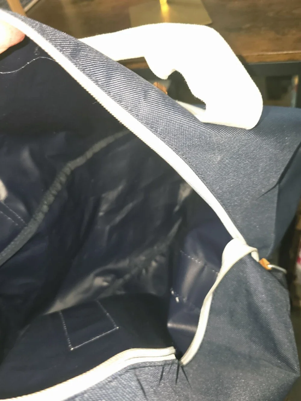 Tommy Bahama Navy and Blue Duffel Bag with White Straps